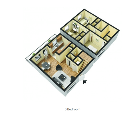 the illustration shows the bedroom with a bathroom and living room